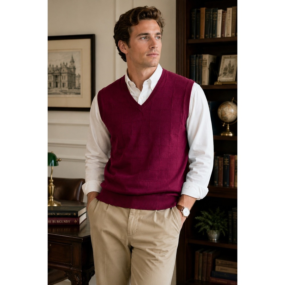 Paul Fredrick Mens Magenta Pink 100% Silk V-Neck Grid Knit Sweater Vest Large